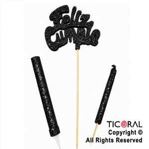 ADORNO DE TORTA SET FELIZ CUMPLE CON BENGALA Y VELA 9 CM GIBRE NEGRO x 1